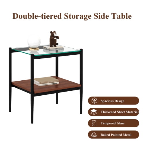 MOONMISS 2 Pack Rectangle End Table, Tempered Glass Top Side Table with MDF Frame, Modern Transparent Glass Accent Table for Living Room, Bedroom, Home Decor, Brown
