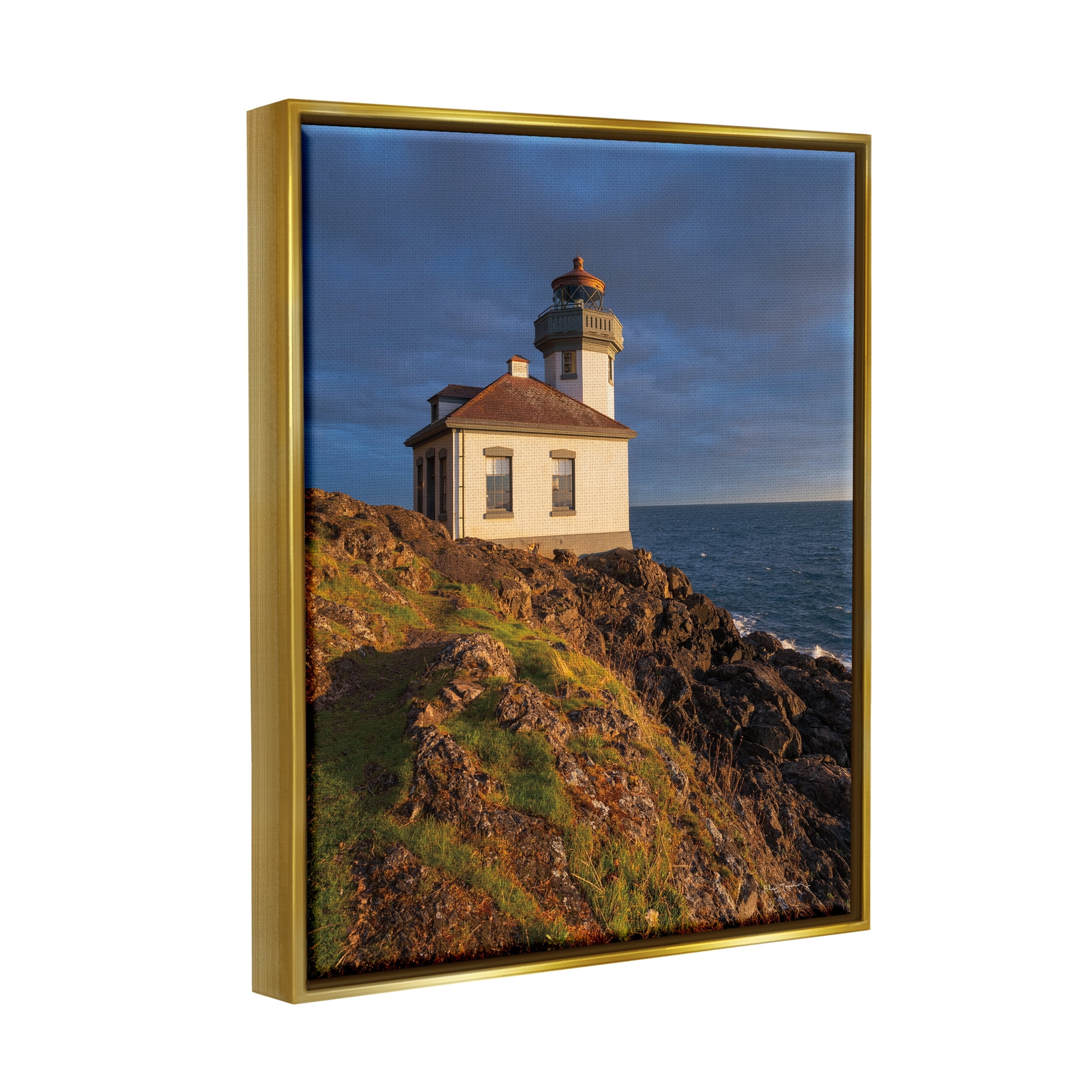 Stupell Industries Coastal Lighthouse Photography Landscape Photography Gold Floater Framed Canvas Art Print Wall Art, 25 x 31