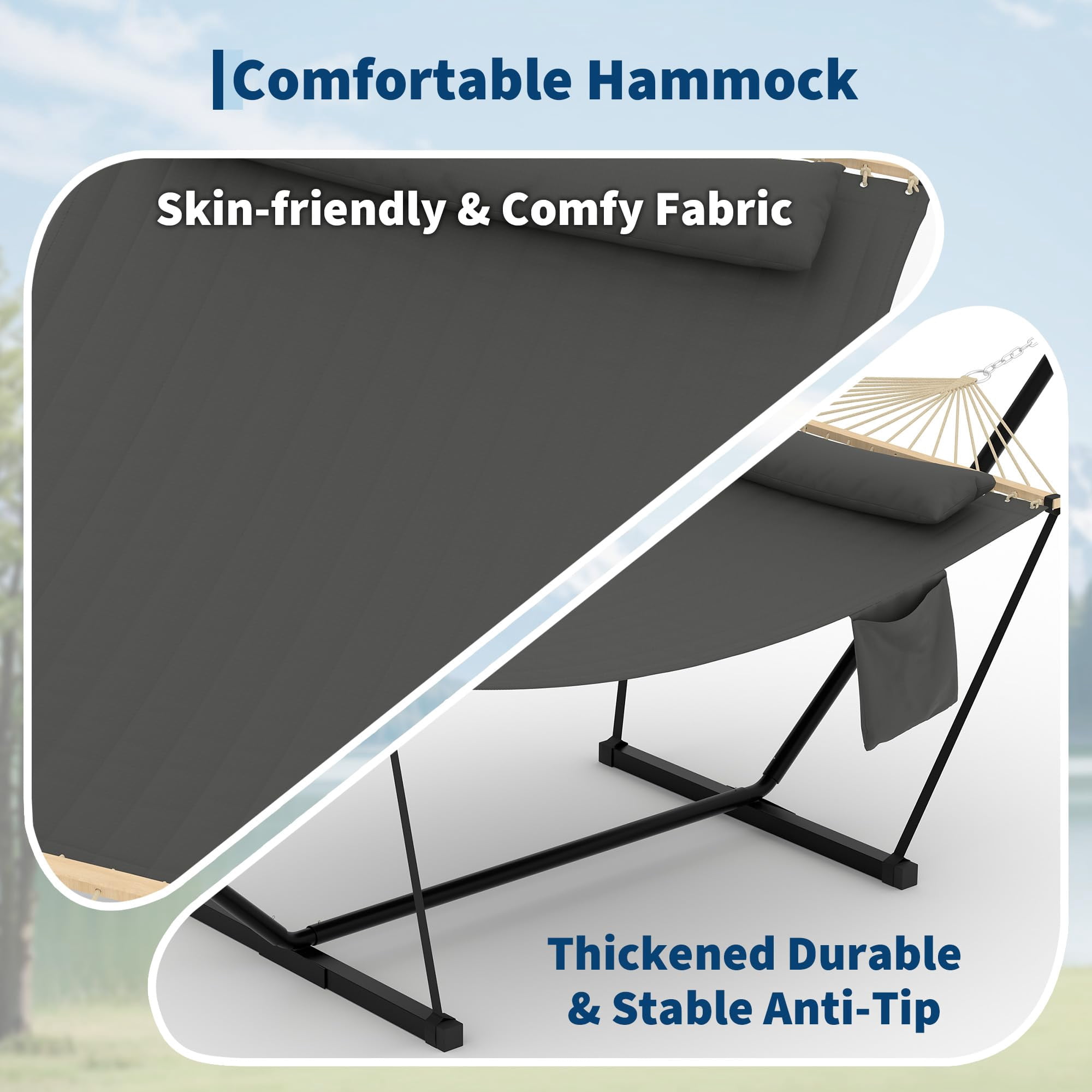 Double Hammock with Stand for Outdoor, Heavy Duty Portable 2 Person Hammock with Adjustable Steel Stand for Patio, Garden, Beach, Backyard