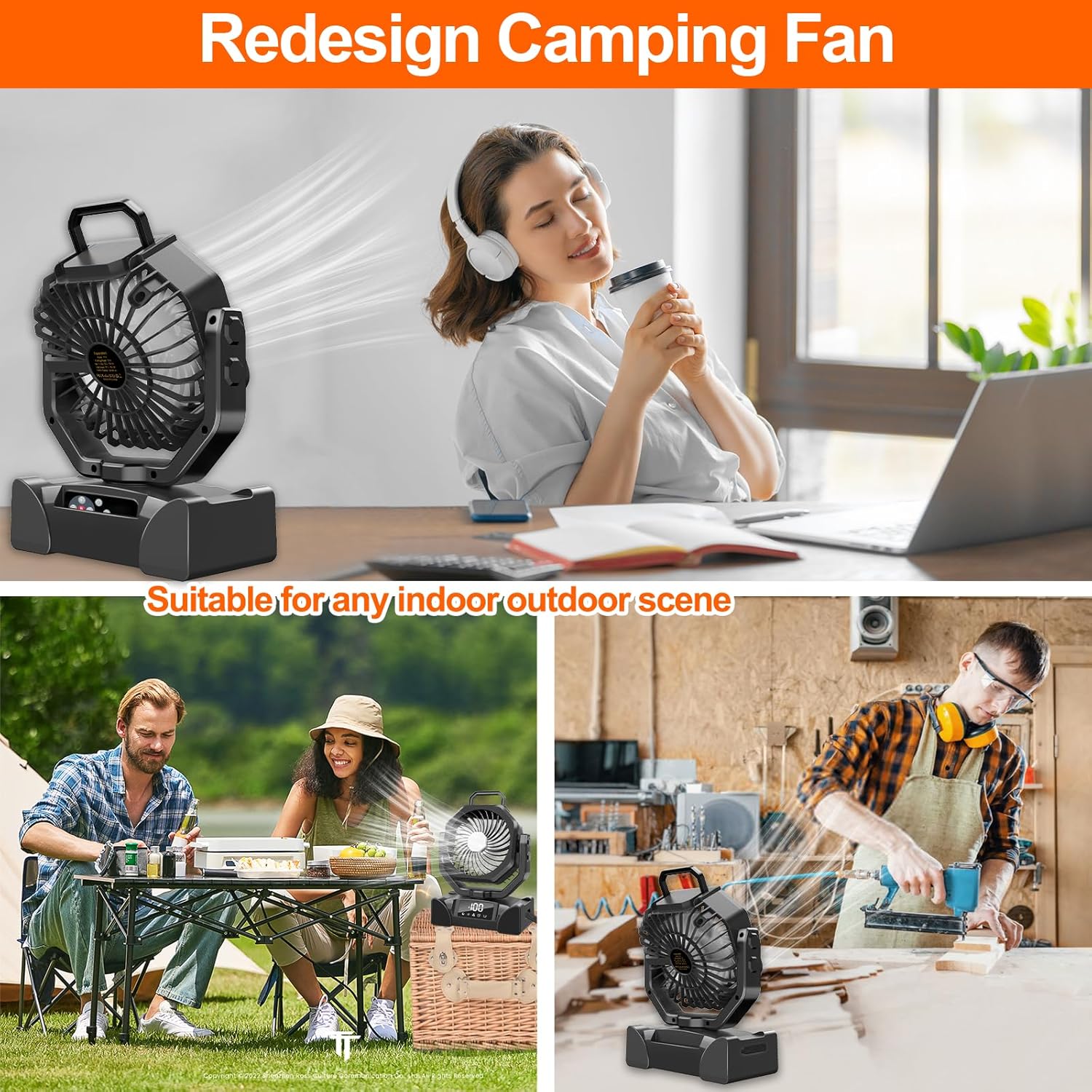 Portable Camping Fan Battery Operated Powered Fan with Remote Control & LED Lantern,20000mAh Battery Rechargeable,LED Digital Display,Oscillate,Timer,Rotation Hanging Hook for Tents Travel - Black