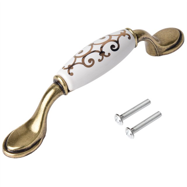 tiradores de cajones antiguos tirador de puerta de cerámica para armarios de cocina (6036-96) tirador vintage de cerámica blanca con diseño arabesco marrón en el mango, montado en brazos de aleación de zinc con acabado latón envejecido; vista frontal centrada con dos tornillos incluidos, adecuado para cajones, puertas de armario y cómodas.