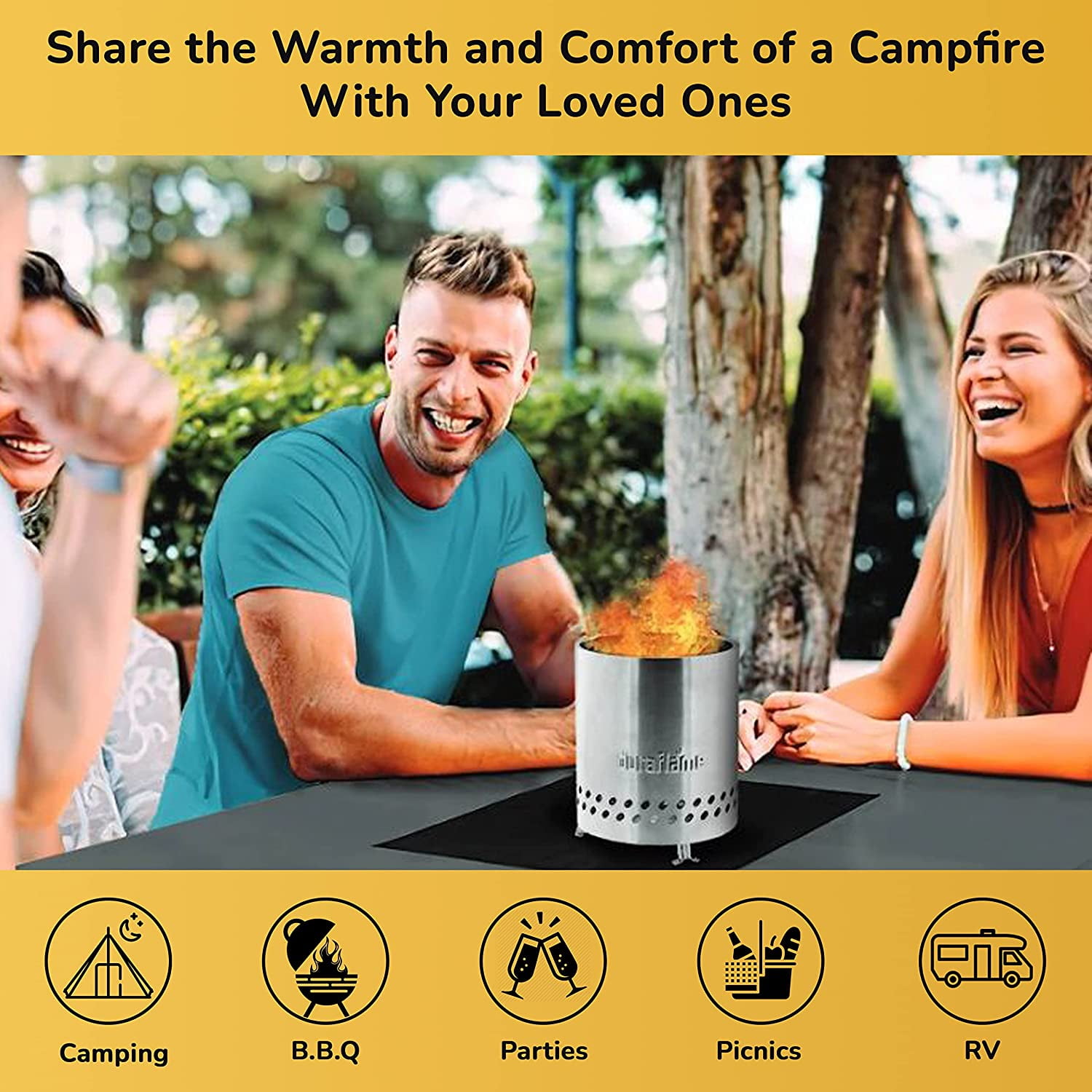 Duraflame 5.5 inch Table Top Fire Pit with Built-in Stand & Removable Grate, Low Smoke, Portable Mini Fire for Outdoor Use, Wood or Pellets, Double Walled Stainless Steel, with Travel Bag Included.