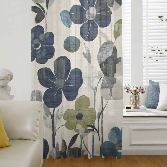 Navy Blue Green Floral Semi Sheer Curtains Drapes for Living Room, Bedroom, French Doors Window 108 Inches Long, Vintage Botanical Leaves Rod Pocket Chiffon Curtain Drapery Voile Draperies Panel