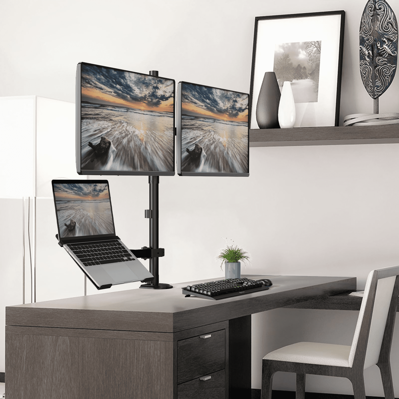 PUTORSEN Dual Monitor Stand and Laptop Mount Fit Two 17 to 32 Inch Monitor and 10 to 15 Inch Laptop,Extra Tall Adjustable Stand,19.8 lbs Weight Capacity per Arm,Black