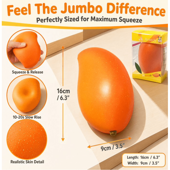 2PCS 6.3''Jumbo Gold Mango Squeeze, Slow Rising Fruit Squeeze, Realistic Mango Squeeze Toys, Soft Stress Relief Fidget Toys for Adults