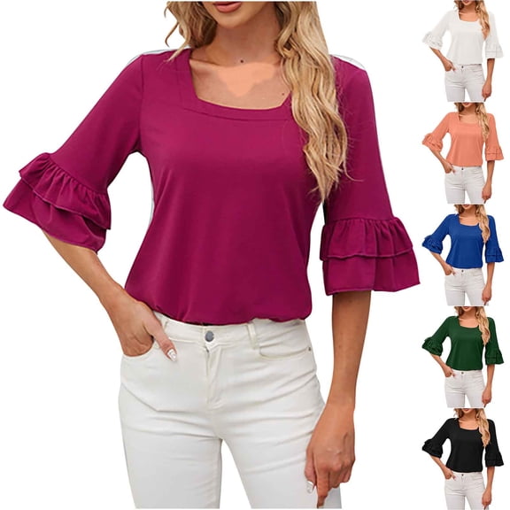 HAPIMO Women's Loose Cotton Lined Pullover Clearance Trendy Solid Color Square Neck Shirts for Teen Girls Summer Tees Ruffle Sleeve Casual Relaxed Workout Tops Black L