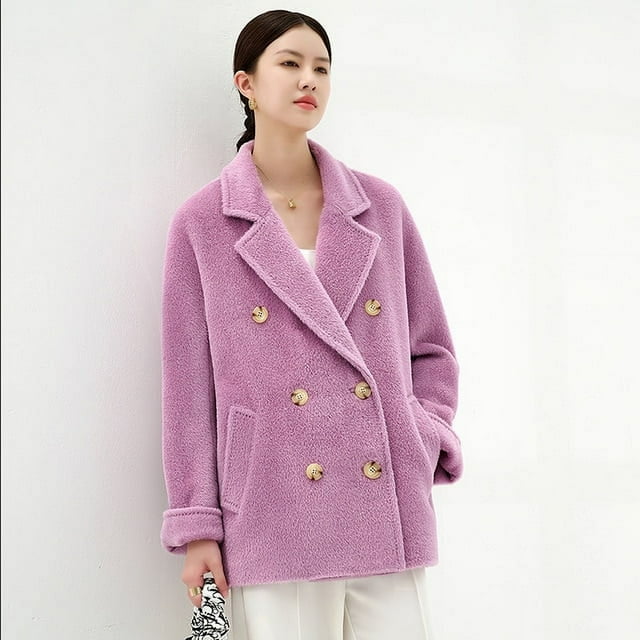 QueenLine High-end 100% Alpaca Loose Short Black Thickened White Warm Jacket Double Breasted Commuter Coat