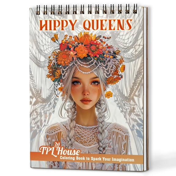 TPLHOUSE Hippy Queens Coloring Book Spiral Bound for Adults and Women, A5 Wooden Cover, 30 Fabulous Hippie Coloring Pages of 70s Vibes for Stress Relief and Relaxation