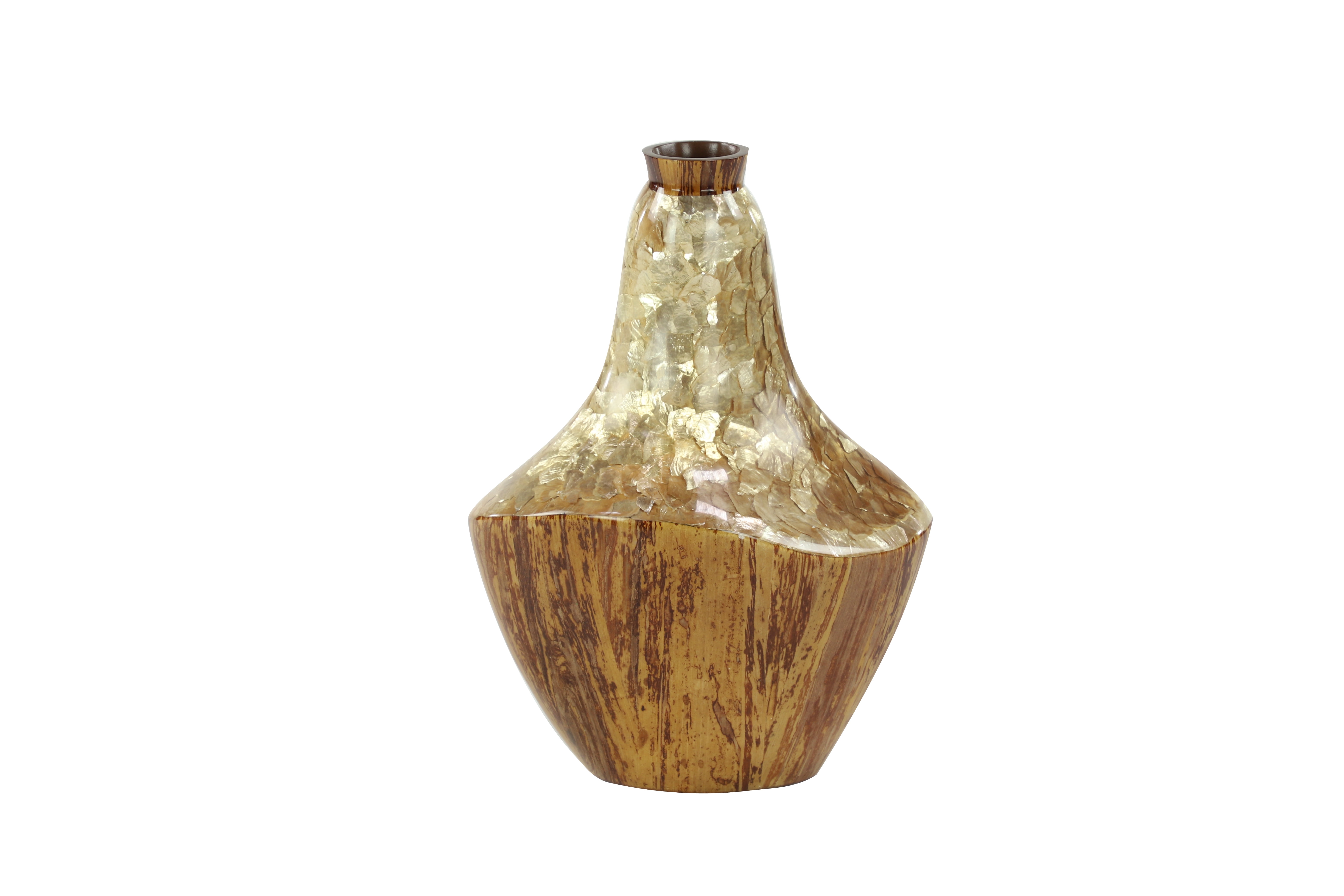 DecMode Large Gold Capiz Shell & Natural Banana Wood Vase, 11”x 15”