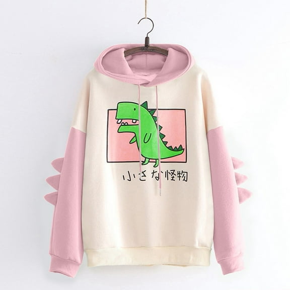jsaierl Kawai Hoodie Pink,Cute Dinosaur Hoodies for Women Sweatshirts Daily Casual Long Sleeve Tunic Tops Loose Comfy Hoodie
