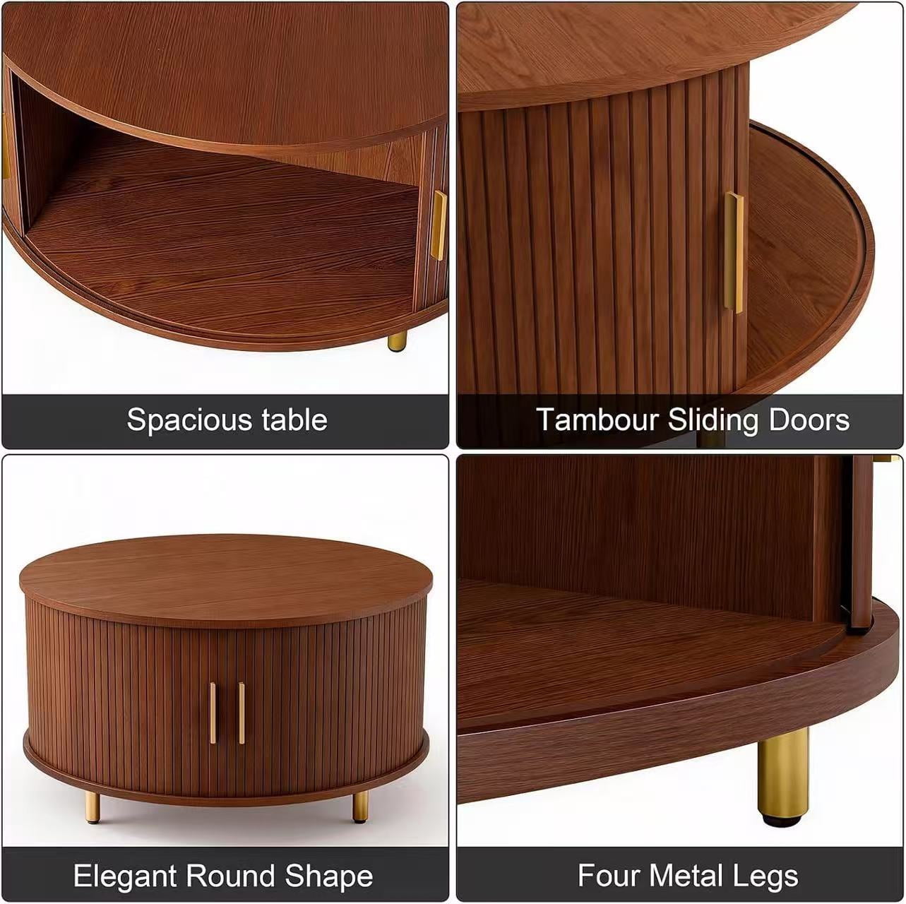 Aisword Round Coffee Table with 360° Sliding Door, Fluted Accent Storage Coffee Table with Adjustable Footpads for Living Room, Walnut