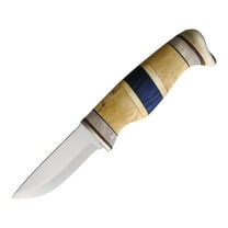 Wood Jewel Finland Fixed Blade Knife, 8in Overall, 3.25in Satin Finish Carbon Steel Blade, Curly Birch Handle, Leather Sheath