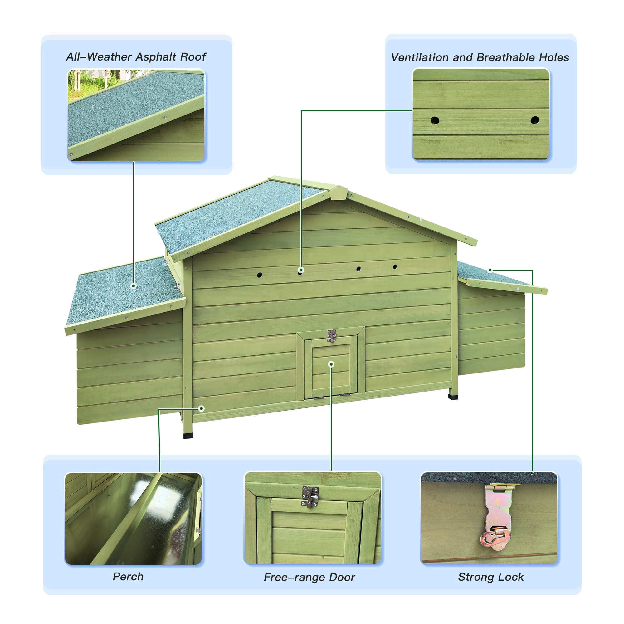 Pefilos 67" Wood Chicken Coop for Outdoor with Water-Resistant Roofs, Large Hen House with Nest Boxes, Rabbit Hutch Poultry Cage, Green