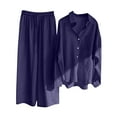 thumbnail image 2 of Brnmxoke Women's Summer 2 Piece Linen Outfits Baggy Long Sleeve Lapel Button Down Basic Top Drawstring Wide Leg Pants Streetwear Set Blue,L, 2 of 6