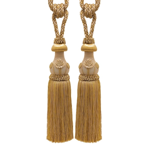 DECOPRO Exquisite Curtain Tassel Tieback with Floral Design - Elegant Handmade Drapery Accessory, Tassel Length 12" (30.5cm) Spread 32" (81cm) #TBBL1, Gold Medley #8633 (Two-Tone Gold, Beige) Set of 2