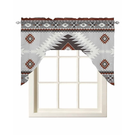 Gray Red Boho Kitchen Swag Valances for Windows, Southwestern Ethnic Abstract Geometric Swag Valances Curtains for Living Room, Rod Pocket Window Treatments for Bathroom, Bedroom, Cafe, 56"x36"