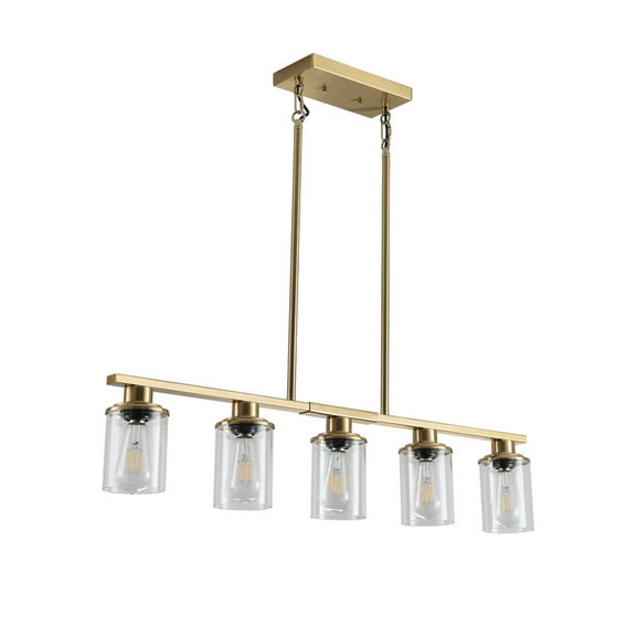 37" Modern Industrial 5-Light Chandelier with Clear Glass Shades, Golden Metal Frame Hanging Ceiling Light Fixture for Dining Room, Kitchen Island, Living Room (No Bulbs)