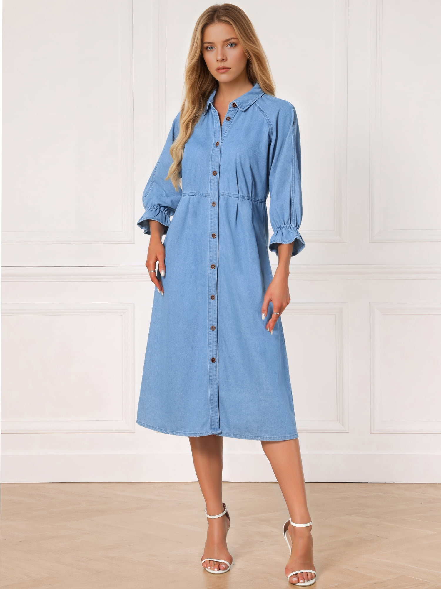 DARING DIVA Women's Collared Ruffle 3/4 Sleeve Jean Button Down Shirt Dress L Light Blue