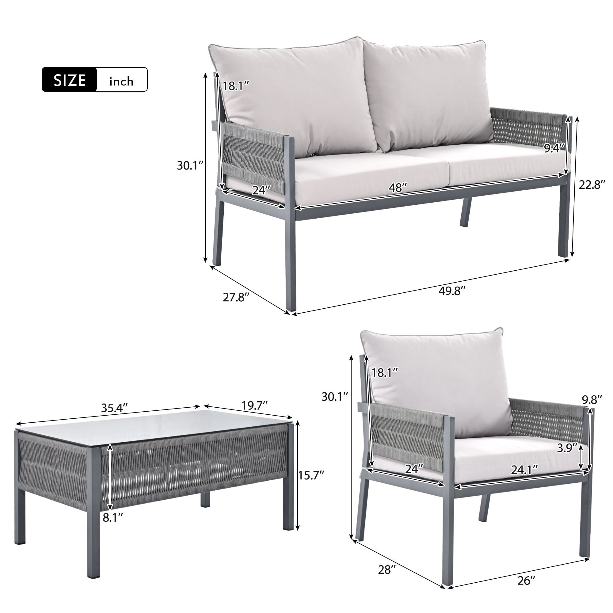 DEALTOPS 4-Piece Rope Patio Furniture Set, Outdoor Furniture with Tempered Glass Table, Patio Conversation Set Deep Seating with Thick Cushion for Backyard Porch Balcony-Grey