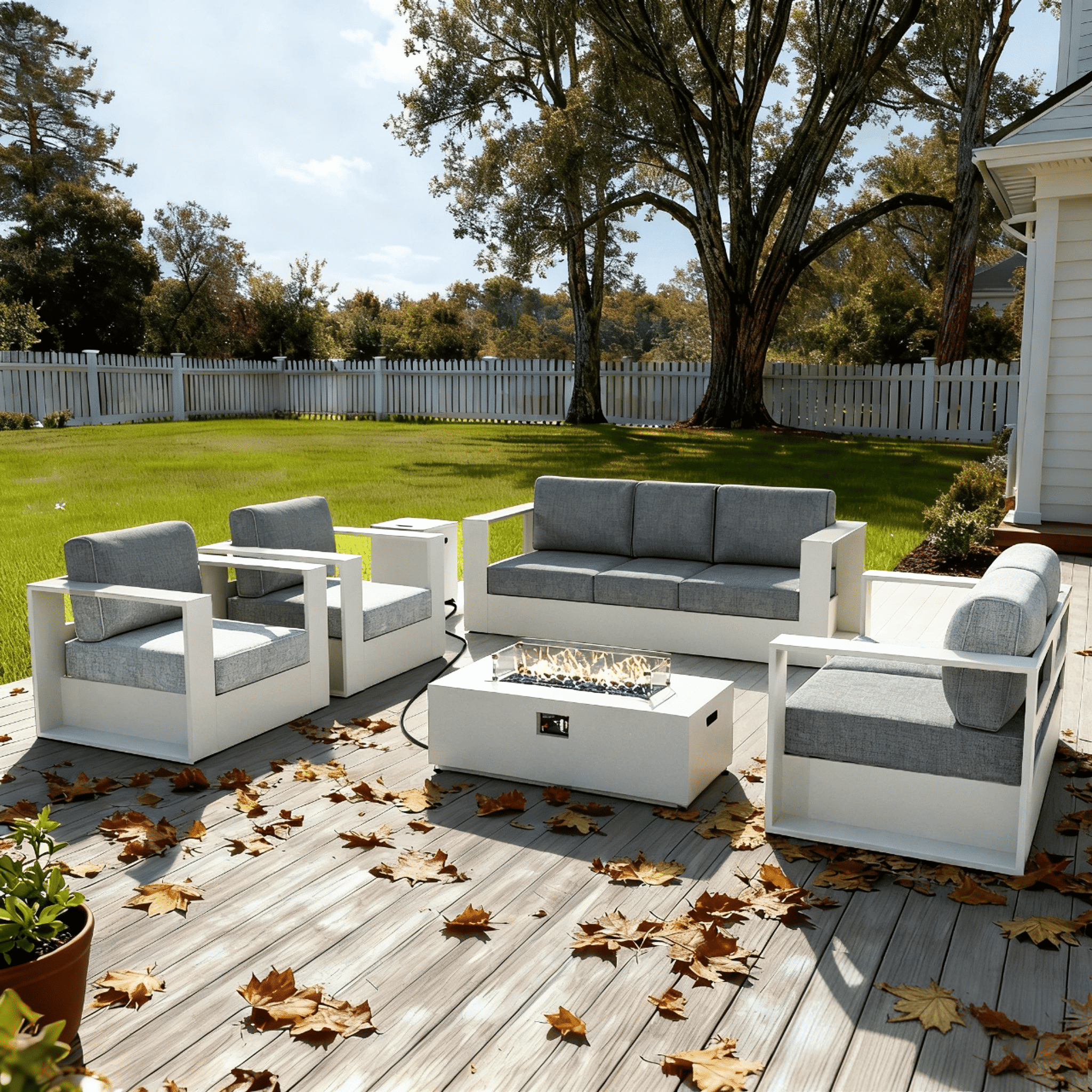LayinSun Oversized Aluminum Outdoor Furniture Set, 4 Piece Patio Sofa Sets with Fire Pit Table, Deep Seating and Upgraded 6-inch Cushions for Porch, Balcony, Deck