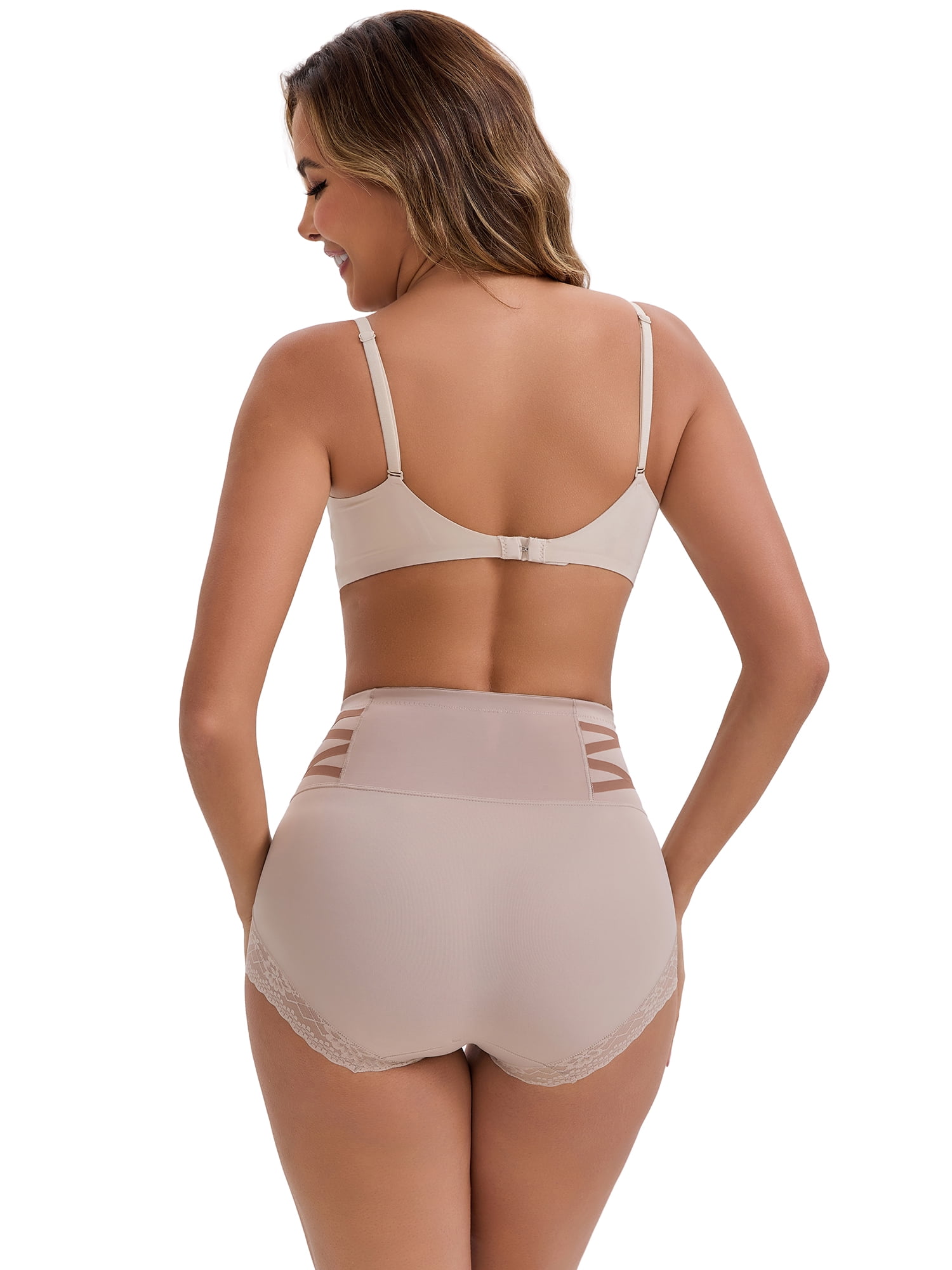 DARING DIVA Women's High-Waisted Tummy Control Briefs Lace Trim M Light Brown