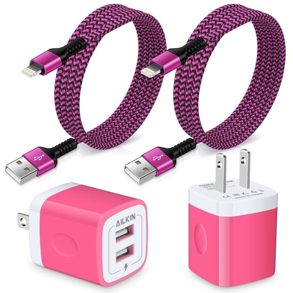 AILKIN Compatible with iPhone Charger 2PACK Charger Block with 2Pack Usb A Light-ning Cable 6ft Cords 2.1A Dual Port Charger Blocks Compatible with iPhone 14/13/12/11,Pink