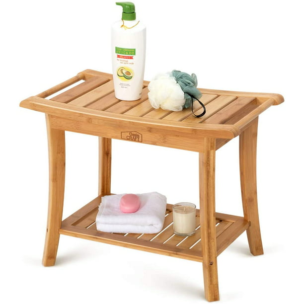 Oasiscraft Bamboo Shower Bench Seat, Wooden Shower Chair With Back
