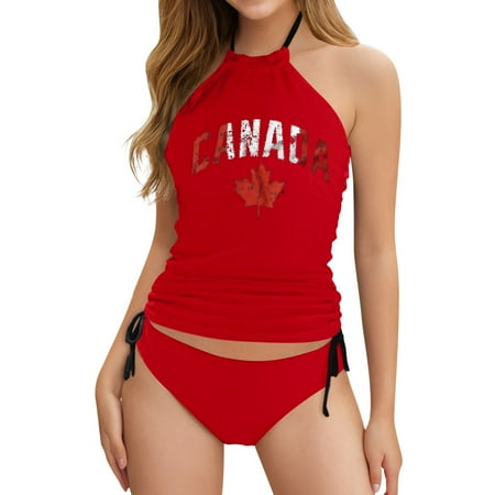 HABDGIKS Summer Tankini Swimsuits for Women Bathing Suits Canada Print Sexy Lace Up Removable Chest Pad Halter With Panty Bottom Cut Out Swimsuit