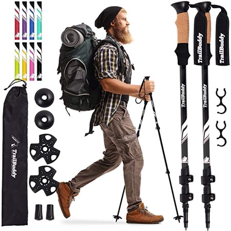 TrailBuddy Lightweight Aluminum Trekking  Hiking Poles  Walking Sticks - Adjustable 24.5 to 54 in. (Black)