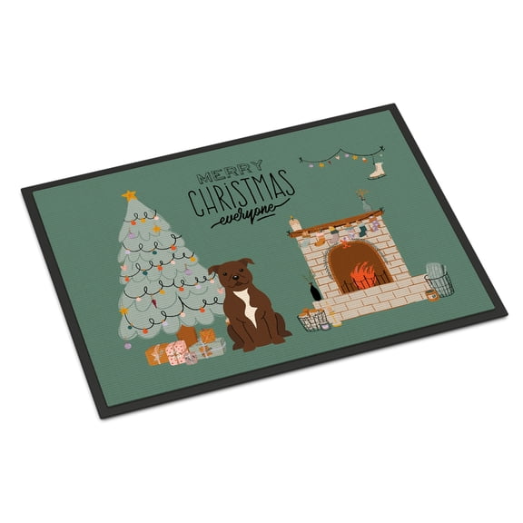 Carolines Treasures CK7611MAT 18 x 27 in. Chocolate Staffordshire Bull Terrier Christmas Everyone Indoor or Outdoor Mat