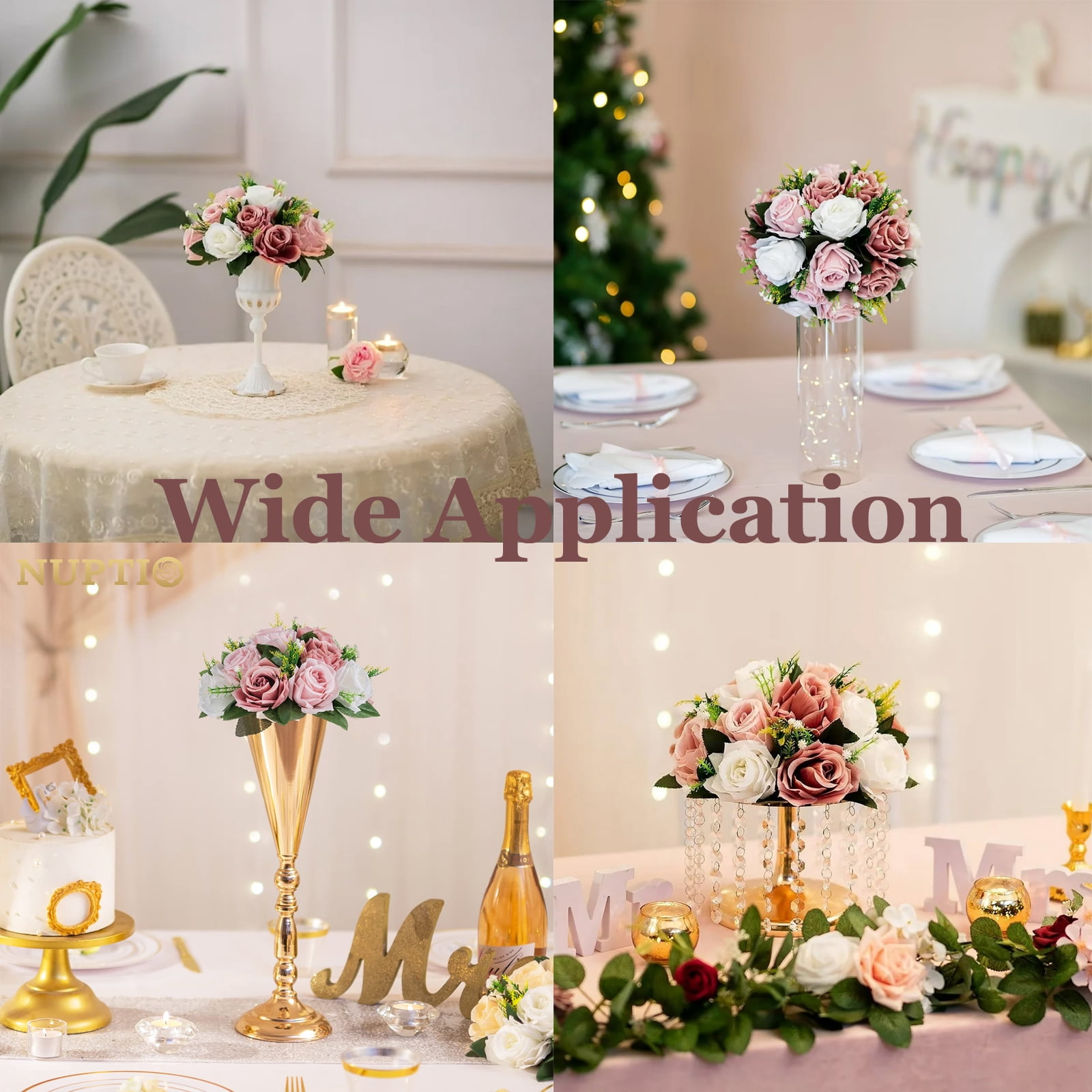 Nuptio Set of 10 Dusty Pink Rose Artificial Flower Kissing ball, 15 Heads Fake Peony Silk Flowers Bouquet for Centerpiece Wedding Birthday Party Home Table Decor