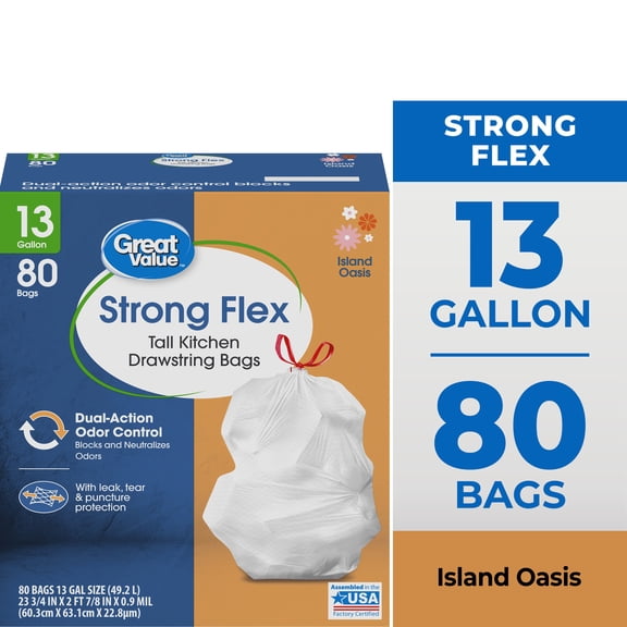 Great Value Strong Flex Tall Kitchen Drawstring Bags, Island Oasis, 13 Gallon, 80 Count