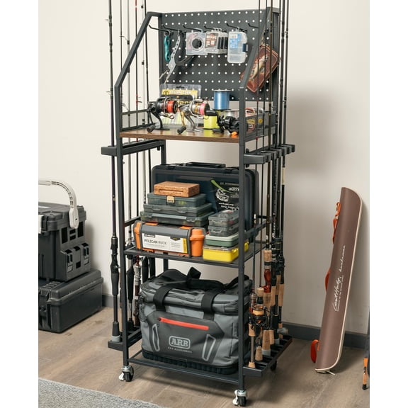 3-Tier Rolling Fishing Rod Holder - Holds Up to 12 Rods with Pegboard & Wheels, Mobile Fishing Gear Storage Cart for Garage, Tackle Box & Reel Organization