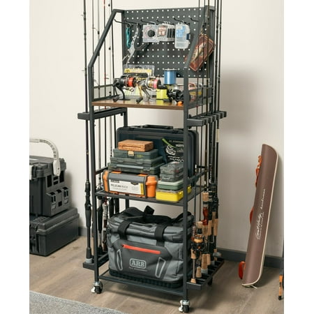 3-Tier Rolling Fishing Rod Holder - Holds Up to 12 Rods with Pegboard & Wheels Mobile Fishing Gear Storage Cart for Garage Tackle Box & Reel Organization
