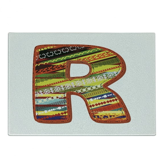 Letter R Cutting Board, Ornamental R Letter with Abstract Effects Shabby Form Pattern, Decorative Tempered Glass Cutting and Serving Board, Small Size, Multicolor, by Ambesonne