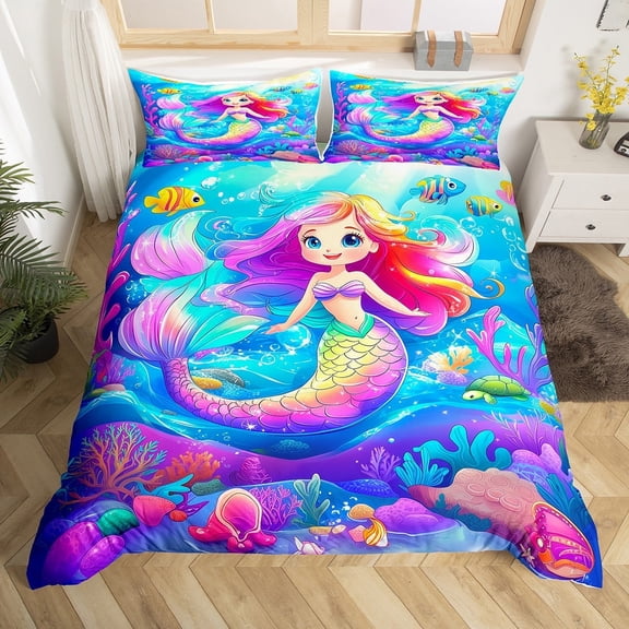 Mermaid Comforter Cover Cute Kawaii Mermaid Bedding Set Blue Sea Animal Plant Bedspread Cover Room Decor 1 Pillow Case(No Comforter)