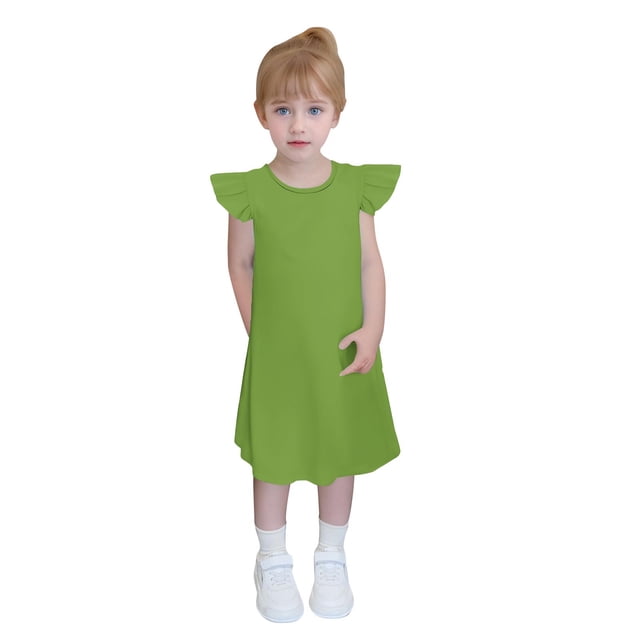 zbxnLI 4-14 Ans Robes Filles Manches Volantées Ligne A Robe d'Été Décontractée Couleur Unie Mignonne Mini Robes