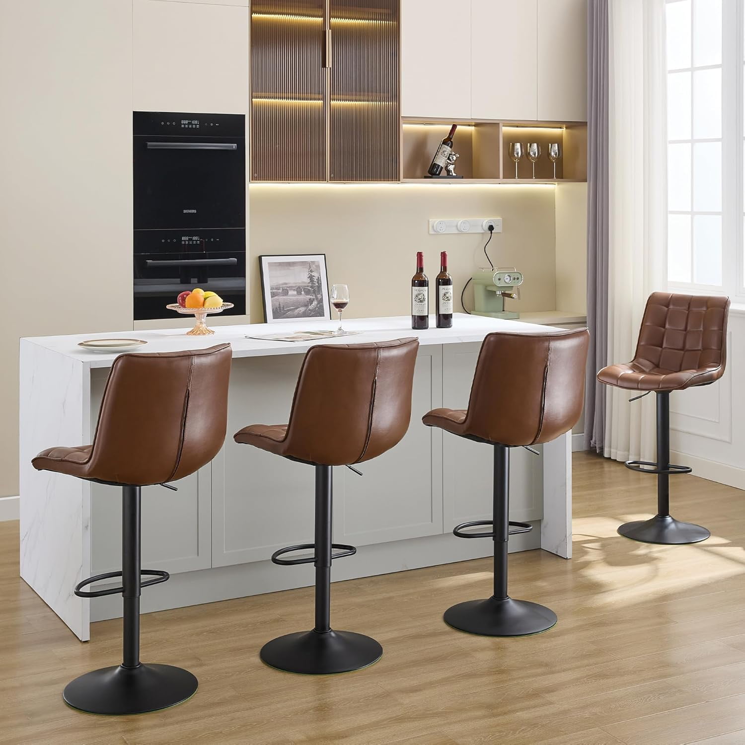 FIRAVOE Bar Stools with Back Set of 4, Adjustable Counter Height Bar Stools, Swivel Barstools Faux Leather Bar Chairs for Kitchen Island, Brown