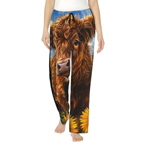 Fotbe Cloud Sky Sunflower Cow Pantalones de Pijama para Mujer, Pantalones de Dormir, Pantalones Pj con Cordón y Bolsillos-X-Large