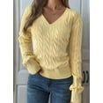thumbnail image 4 of Women Long Sleeve Cable Knit Sweater Fashion V Neck Fitted Pullover Top Business Casual Fall Outfits Yellow L, 4 of 9