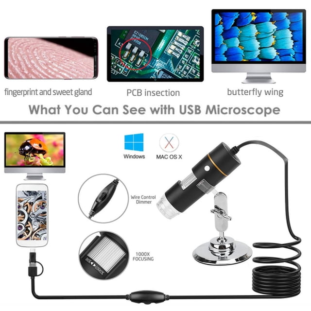Digital Microscope, High Power 1000X Magnifier with 8 Led Lights, Universal Metal Base, Capturing Software for USB HD 1000X PCB Inspection