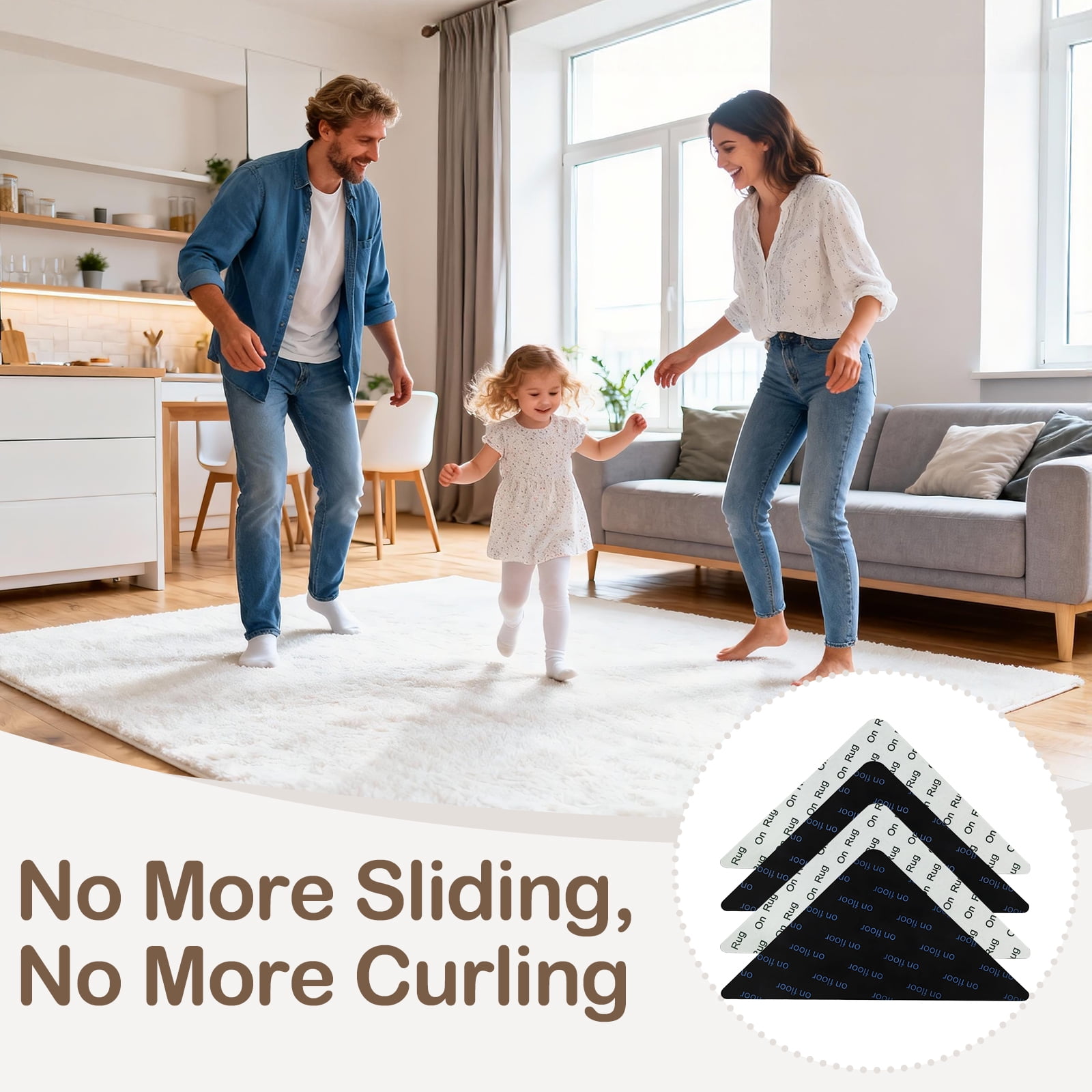4 PCS Rug Tape, NovDeco Reusable Washable Grippers for Area Rugs, Double Sided Non-Slip Rug Pads for Hardwood Floors, Rug Stoppers to Prevent Sliding