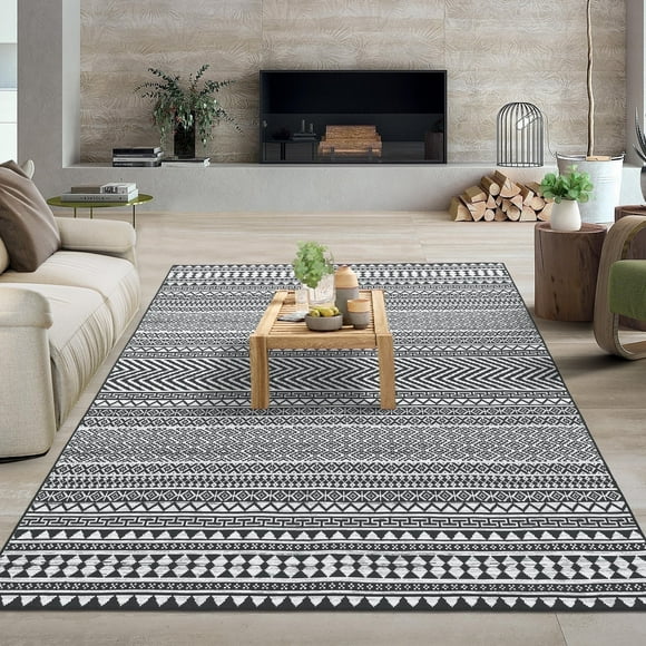 YUSAZENS 5x7 Large Geometric Bohemian Area Rug Machine Washable Farmhouse Accent Throw Carpet Non-Slip for Living Room Bedroom Hallway Black