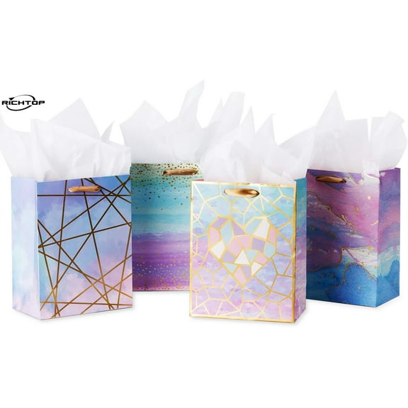 Medium Size Gift Bags-Colorful Marble Pattern Gift Bag with Tissue Paper for Shopping, Parties, Wedding, Baby Shower, Craft-4 Pack-7" X 4" X 9"