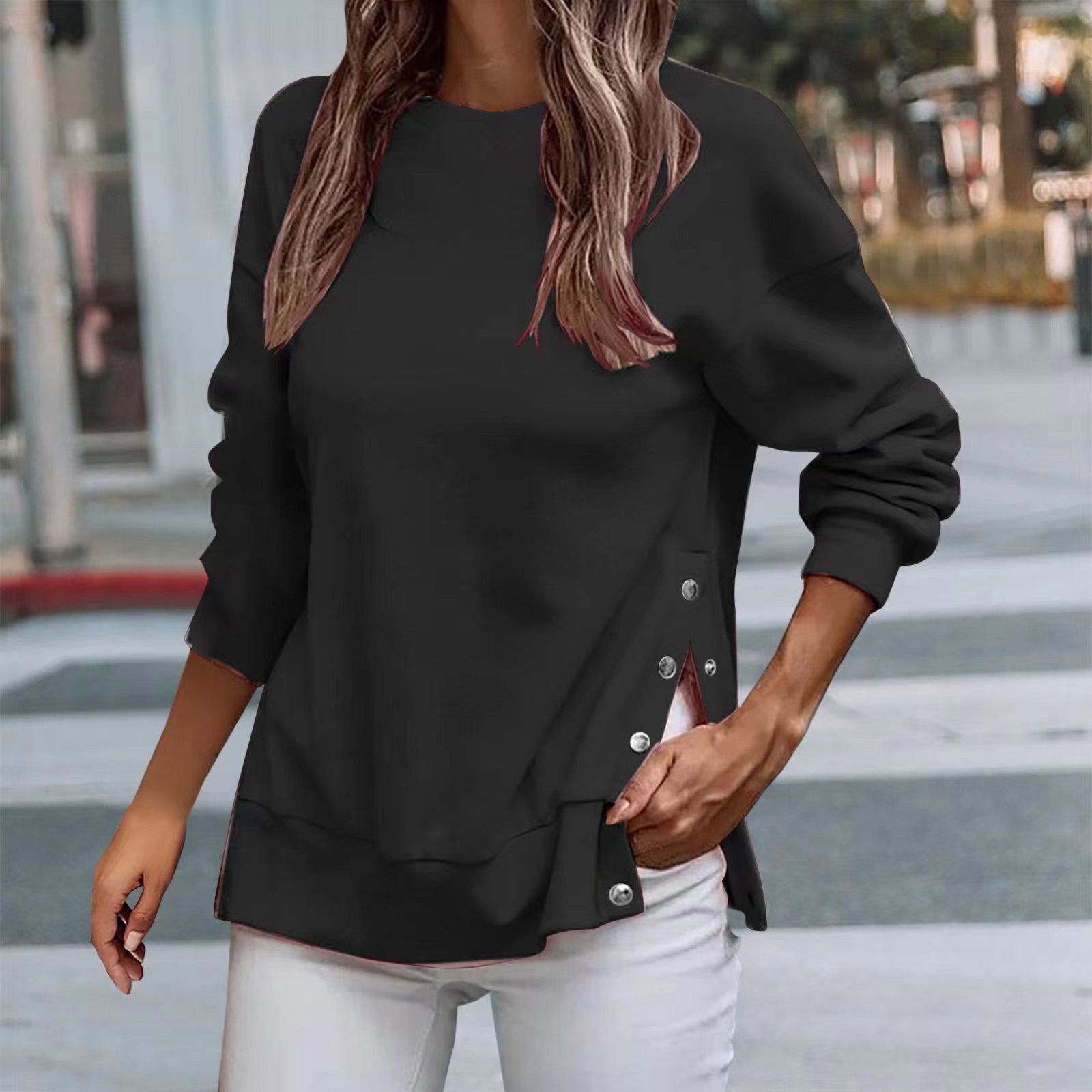 QYZEU Women Zip Up Sweatshirt Fitted Zip Up Sweatshirt Women Fashion Solid  Round Neck Shoulder Long Sleeve Split Side Button Pullover Sweatershirt Top  - Walmart.com