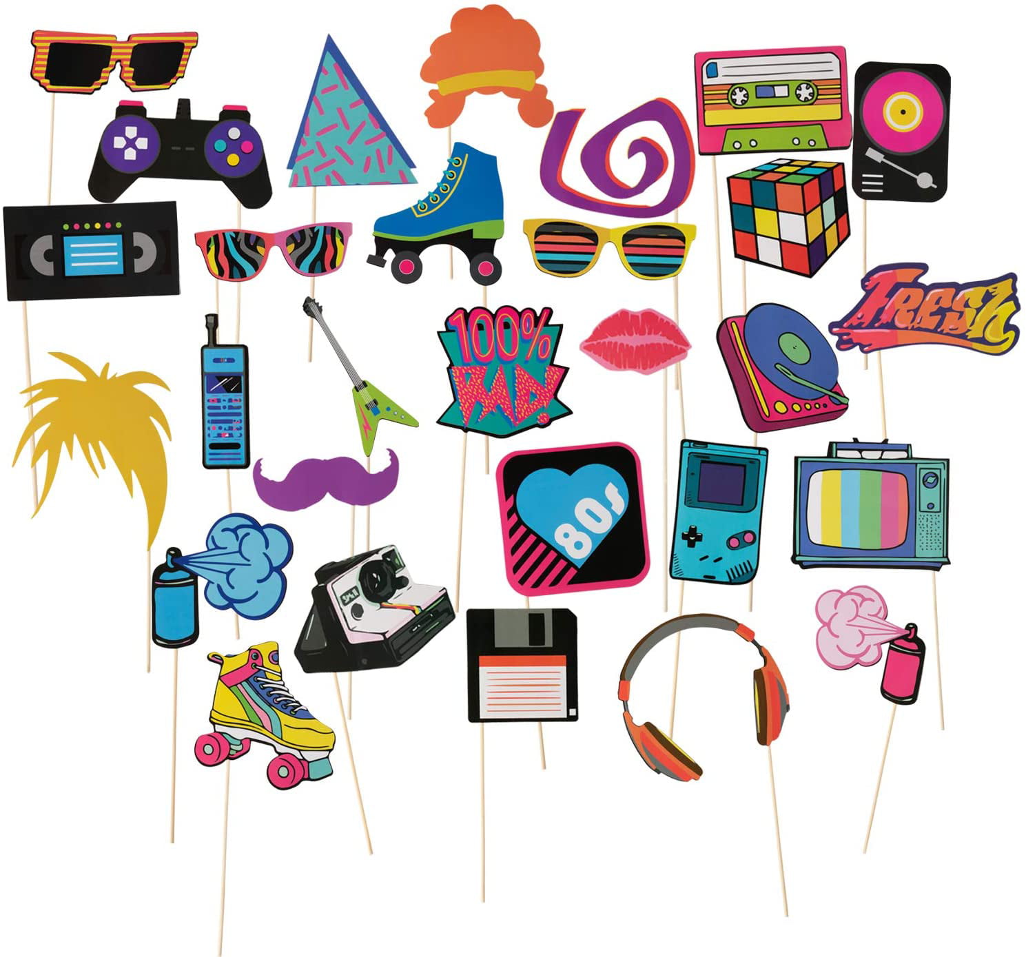 80s Pre-Assembled Photo-Booth Props - 30-Pack Pre-Made 80s Party ...