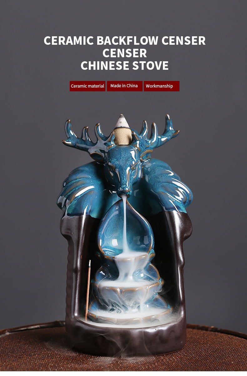 Ceramic Deer Head Reverse Flow Incense Burner Creative Smoke Incense Holder for Yoga Room Home Decoration