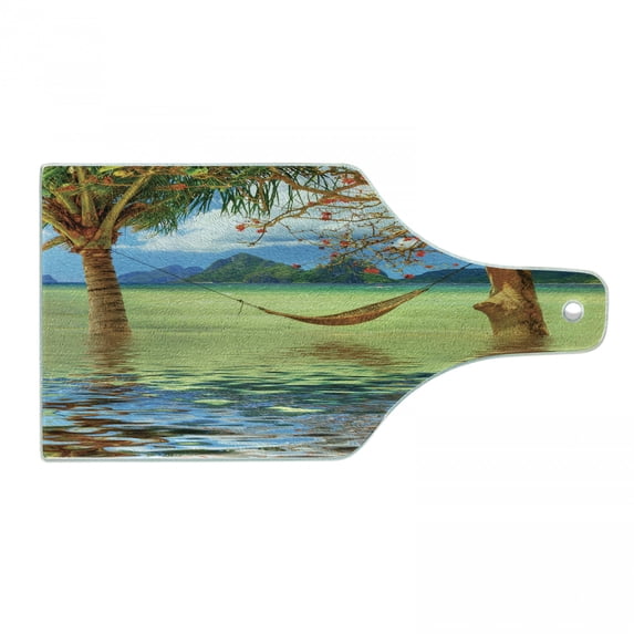 Beach Cutting Board, Image of Hammock Hanging Between Trees in the Tropical Lake Paradise Lands Art Work, Tempered Glass Cutting and Serving Board, Wine Bottle Shape, Multicolor, by Ambesonne
