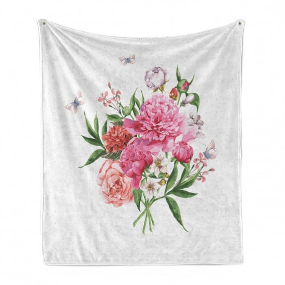 Floral Soft Flannel Fleece Throw Blanket, Vintage Watercolor Style Bouquet of Flowers as Roses and Peonies with Butterflies, Cozy Plush for Indoor and Outdoor Use, 70" x 90", Multicolor, by Ambesonne