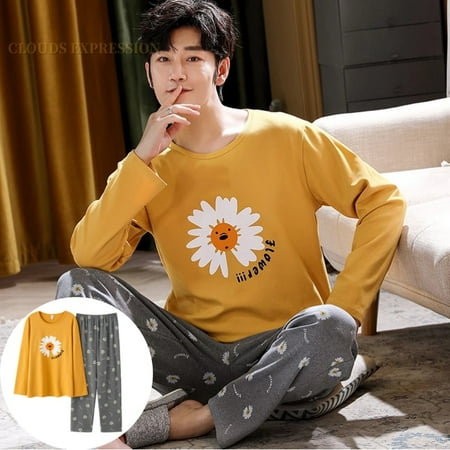 

QWZNDZGR Autumn Winter Men s Cotton Pajamas Letter Striped Sleepwear Cartoon Pajama Sets Casual Sleep&Lounge Pyjamas Plus Size 4XL Pijama